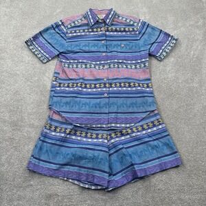 Bold Spirit Vintage Men's Striped Linen Beach Shirt and Short Set Size M Blue